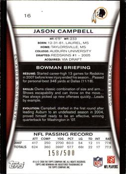 2008 Bowman - Blue #16 Jason Campbell  Back