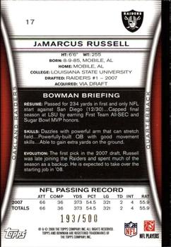 2008 Bowman - Blue #17 JaMarcus Russell  Back