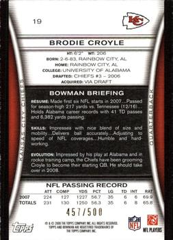 2008 Bowman - Blue #19 Brodie Croyle  Back