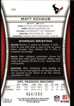 2008 Bowman - Blue #24 Matt Schaub  Back