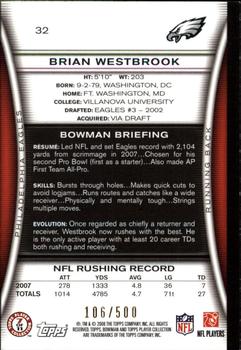 2008 Bowman - Blue #32 Brian Westbrook  Back