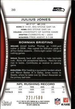 2008 Bowman - Blue #38 Julius Jones  Back