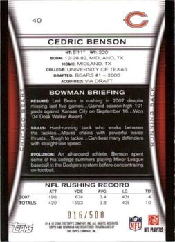 2008 Bowman - Blue #40 Cedric Benson  Back