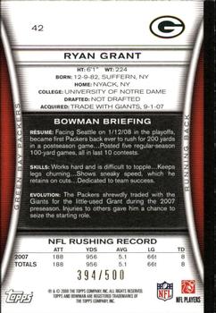 2008 Bowman - Blue #42 Ryan Grant  Back