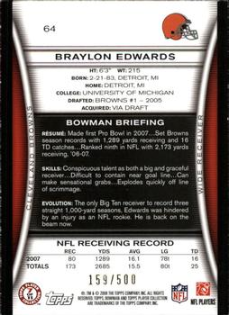 2008 Bowman - Blue #64 Braylon Edwards  Back