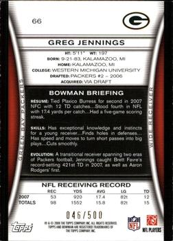 2008 Bowman - Blue #66 Greg Jennings  Back