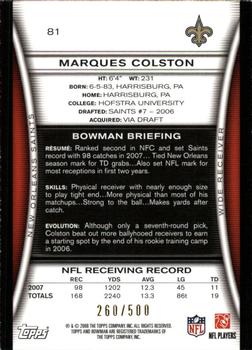 2008 Bowman - Blue #81 Marques Colston  Back