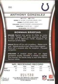2008 Bowman - Blue #86 Anthony Gonzalez  Back