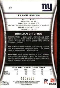 2008 Bowman - Blue #87 Steve Smith Back
