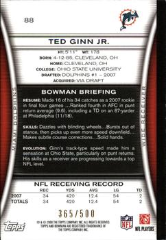 2008 Bowman - Blue #88 Ted Ginn Jr.  Back