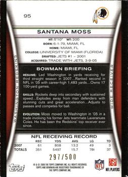 2008 Bowman - Blue #95 Santana Moss  Back
