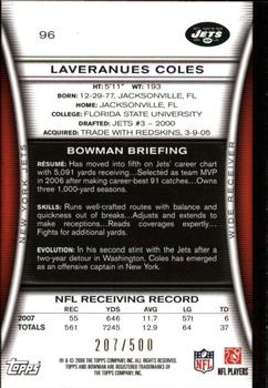 2008 Bowman - Blue #96 Laveranues Coles  Back