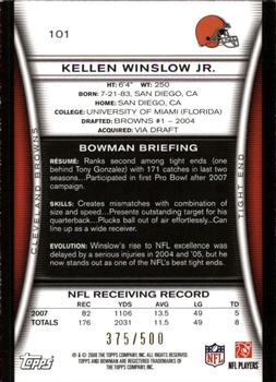 2008 Bowman - Blue #101 Kellen Winslow Jr. Back