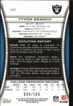 2008 Bowman - Blue #127 Tyvon Branch  Back