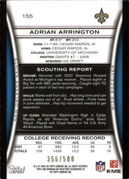 2008 Bowman - Blue #155 Adrian Arrington  Back