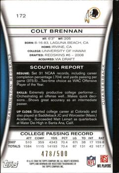 2008 Bowman - Blue #172 Colt Brennan  Back