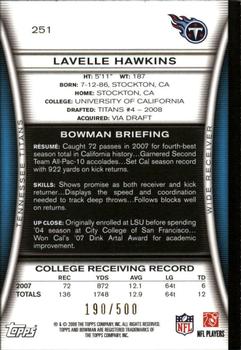 2008 Bowman - Blue #251 Lavelle Hawkins  Back