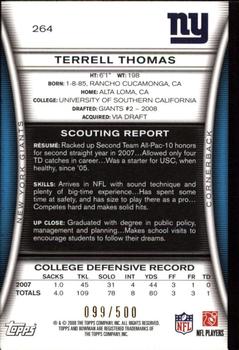 2008 Bowman - Blue #264 Terrell Thomas  Back