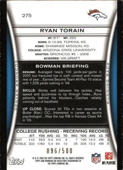 2008 Bowman - Blue #275 Ryan Torain  Back