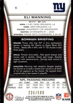 2008 Bowman - Blue #6 Eli Manning  Back