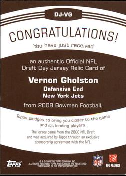 2008 Bowman - Draft Day Selections Relics #DJ-VG Vernon Gholston Back