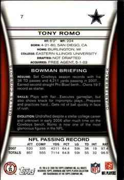 2008 Bowman - Gold #7 Tony Romo  Back