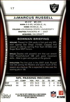 2008 Bowman - Gold #17 JaMarcus Russell  Back
