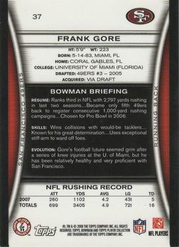 2008 Bowman - Gold #37 Frank Gore  Back