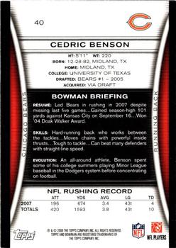 2008 Bowman - Gold #40 Cedric Benson  Back