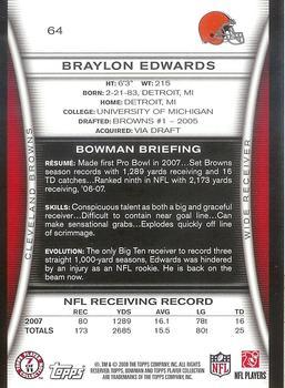 2008 Bowman - Gold #64 Braylon Edwards  Back