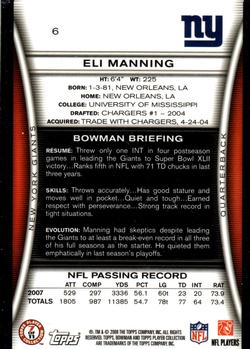 2008 Bowman - Gold #6 Eli Manning  Back