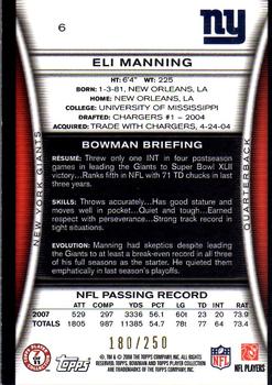 2008 Bowman - Orange #6 Eli Manning Back