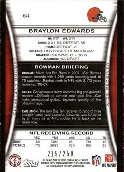 2008 Bowman - Orange #64 Braylon Edwards Back