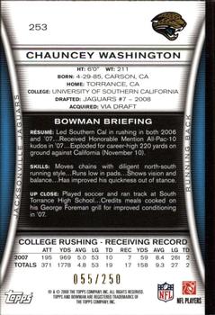 2008 Bowman - Orange #253 Chauncey Washington Back