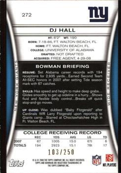 2008 Bowman - Orange #272 DJ Hall Back