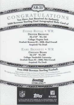 2008 Bowman Sterling - Dual Autograph Relic Gold #AR-25 Eddie Royal / Earl Bennett Back