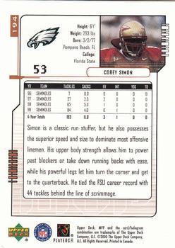 2000 Upper Deck MVP #194 Corey Simon Back