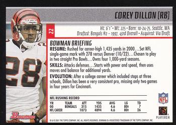 2001 Bowman #22 Corey Dillon Back