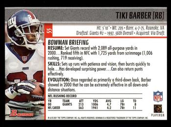 2001 Bowman #55 Tiki Barber Back