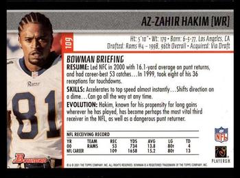 2001 Bowman #109 Az-Zahir Hakim Back