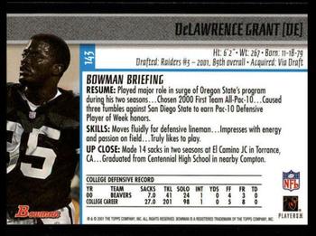 2001 Bowman #143 DeLawrence Grant Back