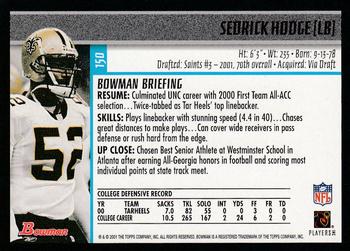 2001 Bowman #150 Sedrick Hodge Back