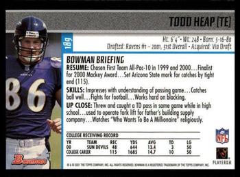 2001 Bowman #189 Todd Heap Back