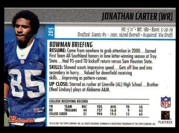 2001 Bowman #203 Jonathan Carter Back