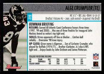 2001 Bowman #219 Alge Crumpler Back