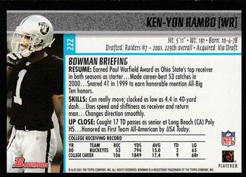 2001 Bowman #222 Ken-Yon Rambo Back