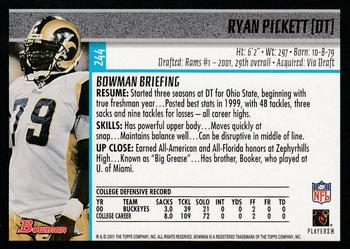 2001 Bowman #244 Ryan Pickett Back