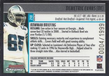 2001 Bowman Chrome #210 Demetric Evans Back