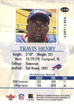 2001 Fleer Authority #119 Travis Henry Back