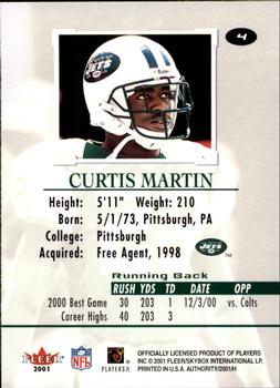 2001 Fleer Authority #4 Curtis Martin Back